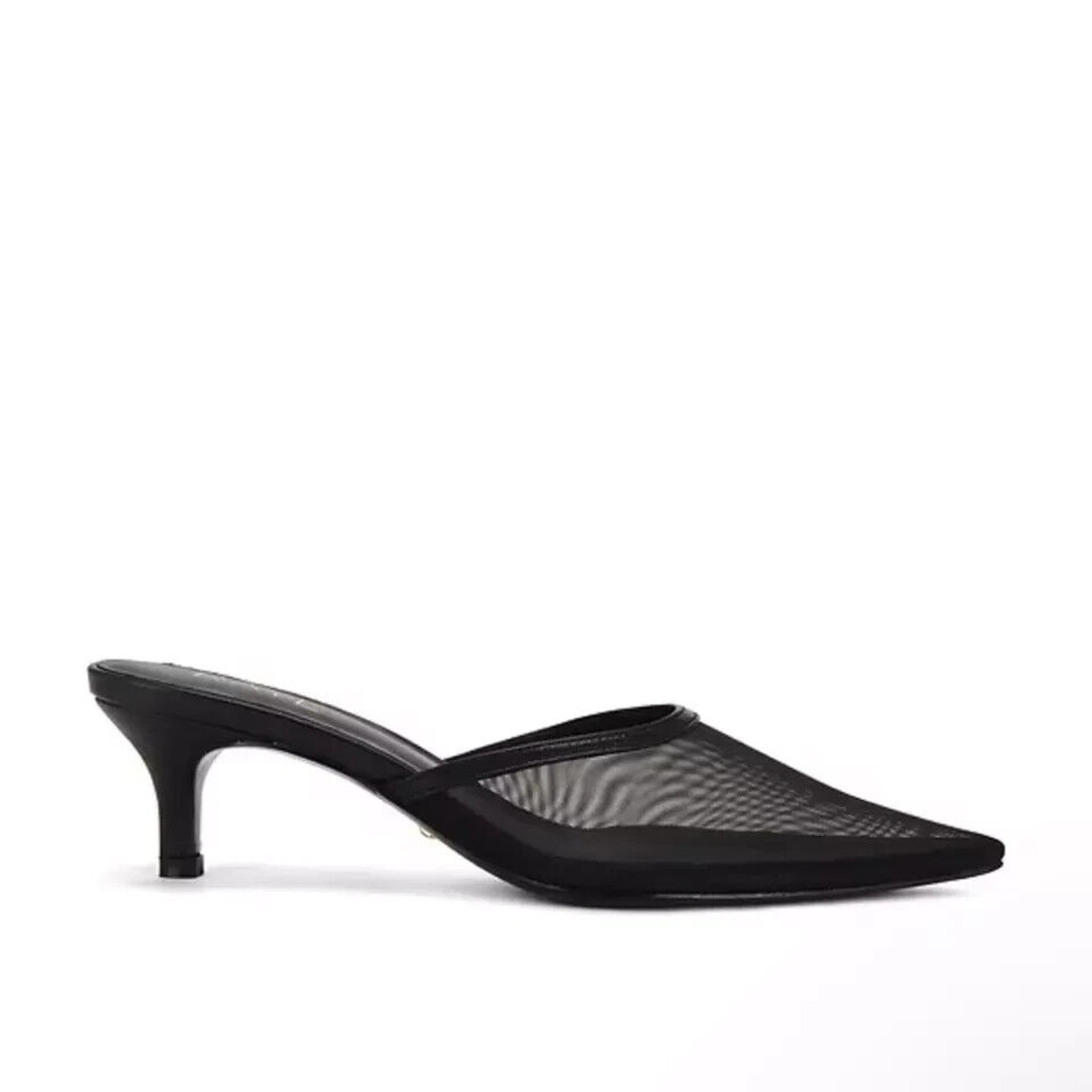 Raye Black Mesh Pointed-Toe Kitten Heel Mules